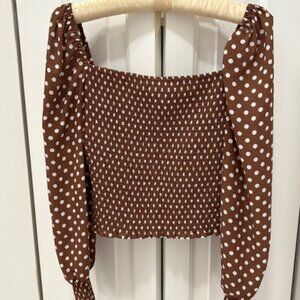 Gianni Bini Angel Dot Puff Sleeve Cropped Brown + White Polka dot Blouse.